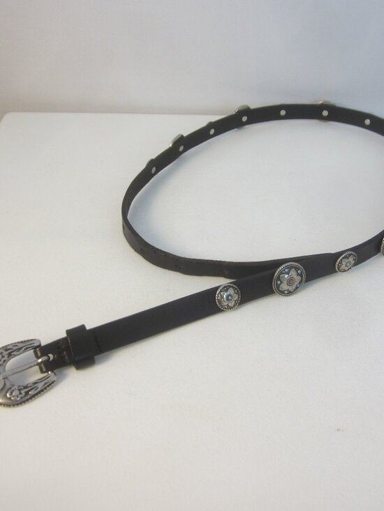 Vtg Abel Belt Women M Black Leather Silver Blue Beads Southwestern Italy 30 - 33 main image 4